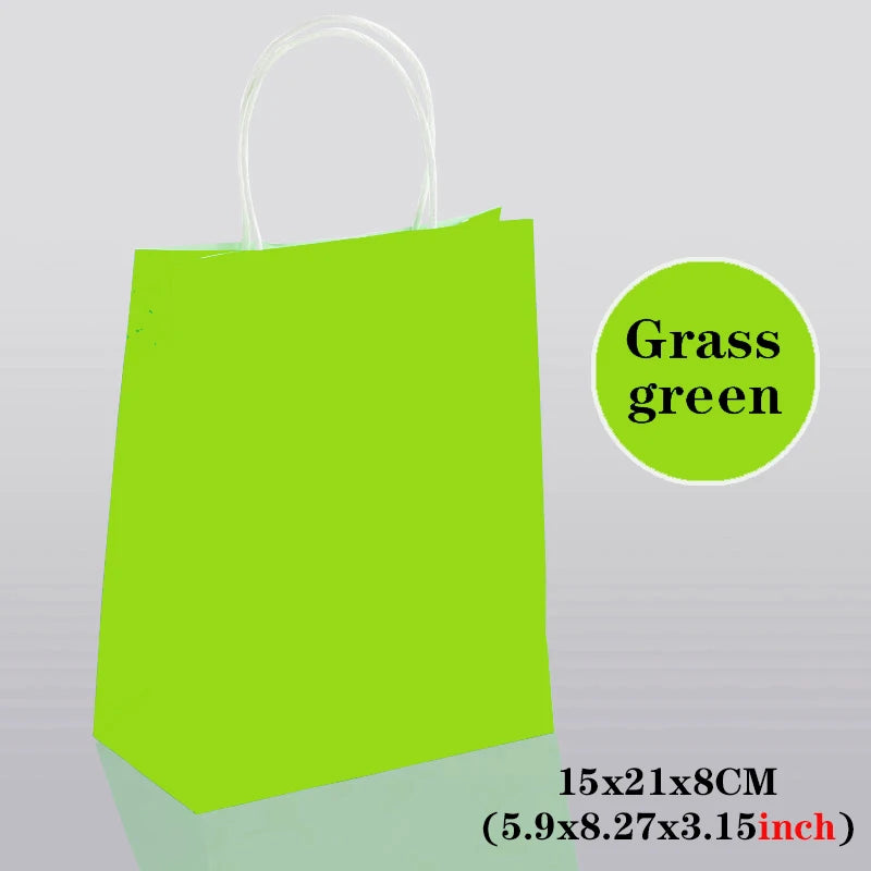 Grass green gift bag with dimensions on a light gray background
