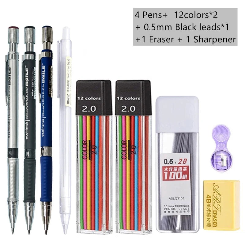 Mechanical Pencil Set, 2.0mm 2B, Pencils & Lead Refills, Color or Black