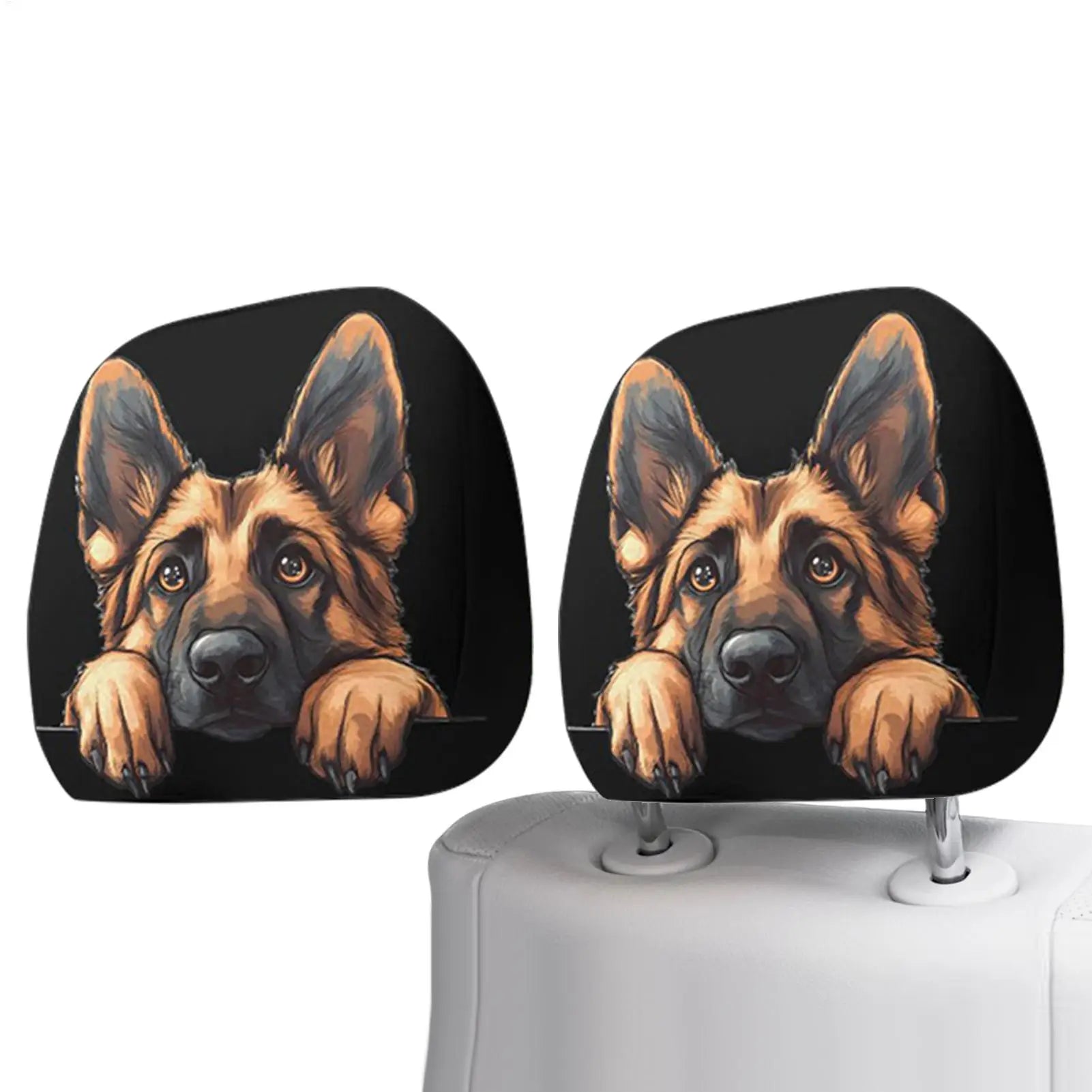 Two car headrest covers with a printed German Shepherd dog illustration, shown on a white background with one cover installed on a headrest.