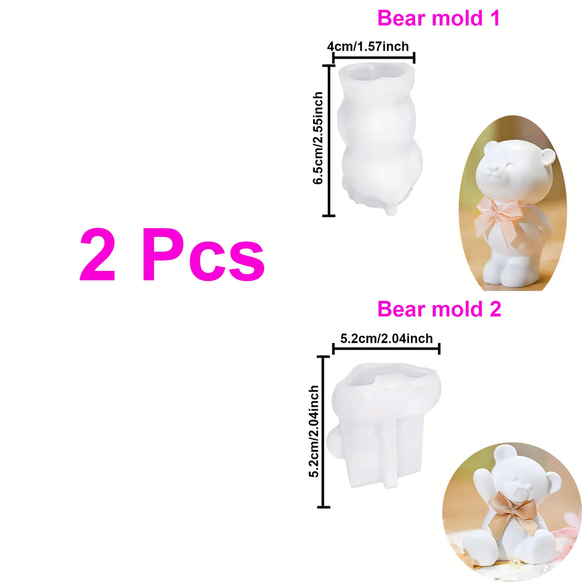 Two bear-shaped candle or soap molds with dimensions and a sample of a bear made from one of the molds.