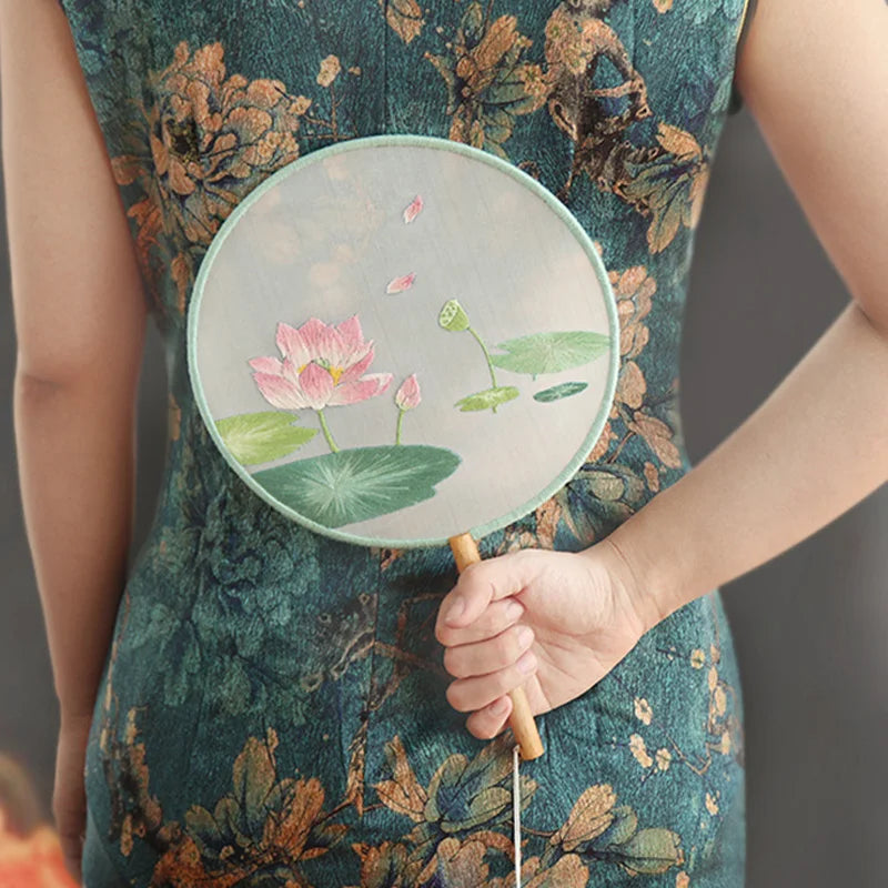 Embroidery Kit, Chinese-Style Hand Fan with Flower & Plant Patterns