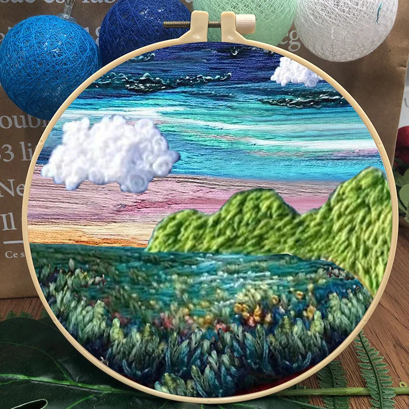 Embroidery Kit, Mountain Scenery with Hoop for Beginner Handmade Wall Art