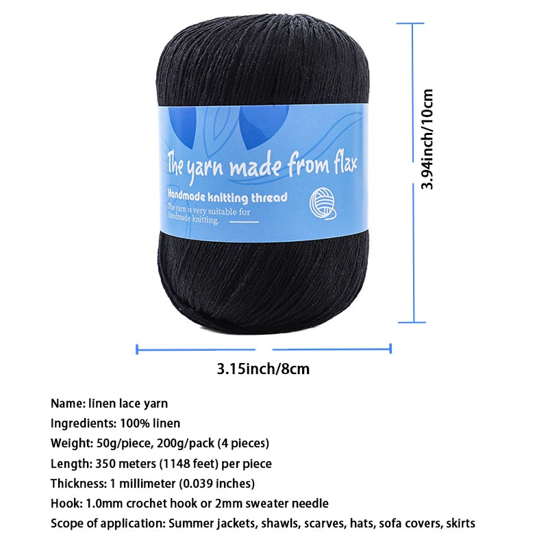 Black linen lace yarn specification chart showing skein dimensions, four-skein pack weight, yarn length and suggested tools.