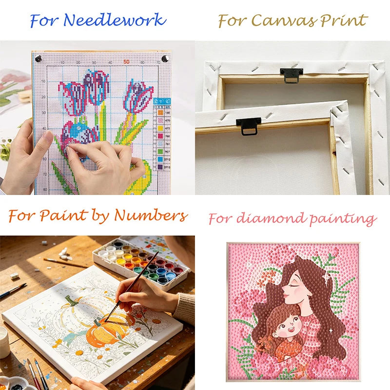 A 2x2 collage showing diamond painting and canvas print activities: needlework with tulips, canvas print backs, paint-by-numbers progress, and a completed diamond painting of a mother and child on a pink floral background.