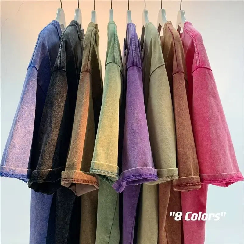 T-Shirt Unisex Washed Oversized Heavyweight Solid Color Vintage Loose Tee