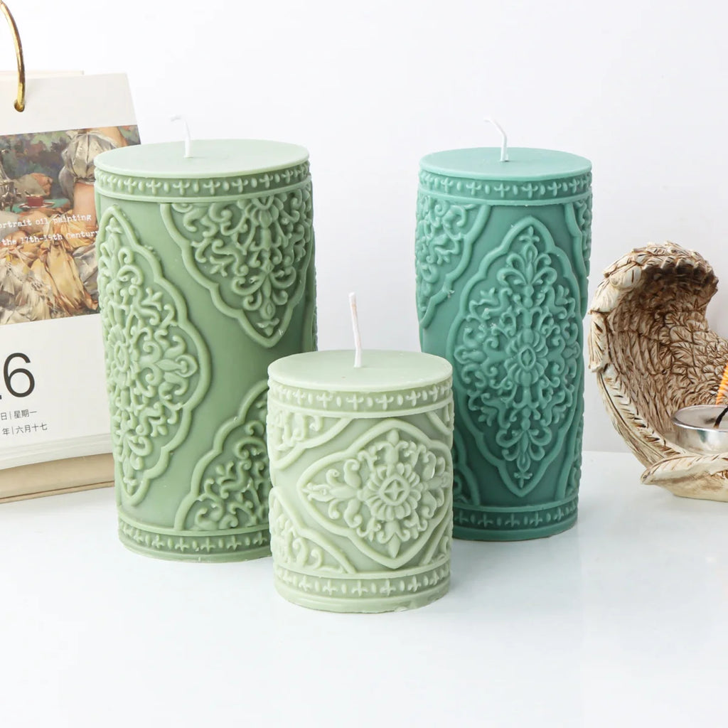 Vintage Floral Totem Cylinder Candle Silicone Mold DIY Creative Embossed Lace Pillar Candle Plaster Making Supplies Mould