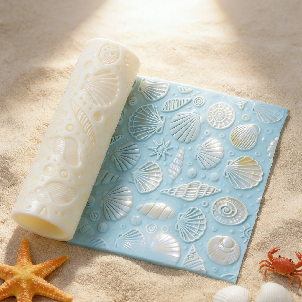 Seashell texture roller and blue example panel with white-highlighted shell details