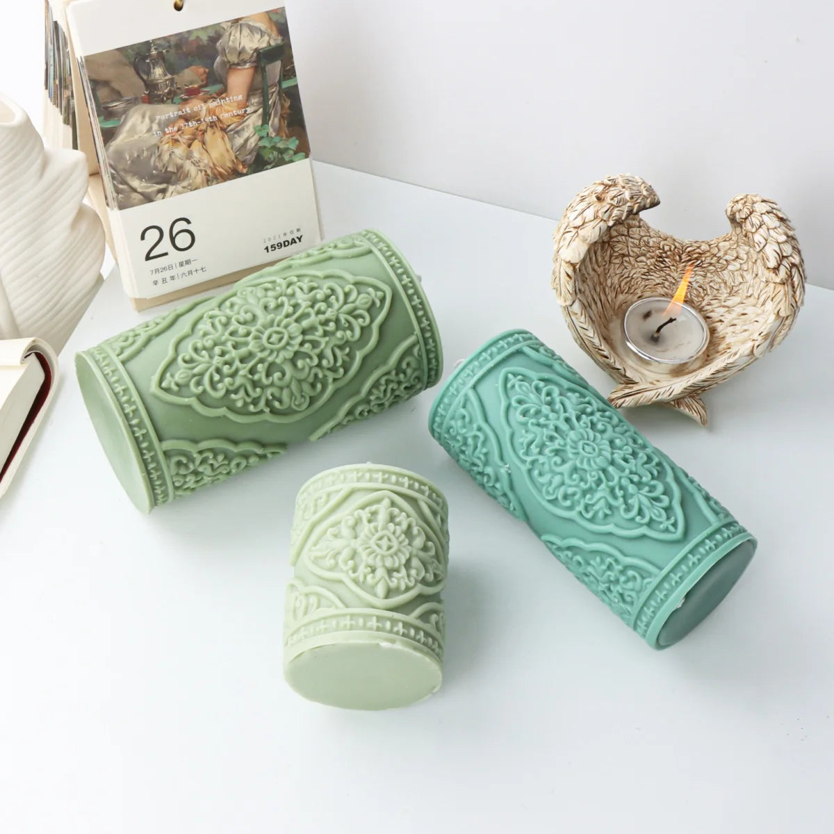 Vintage Floral Totem Cylinder Candle Silicone Mold DIY Creative Embossed Lace Pillar Candle Plaster Making Supplies Mould