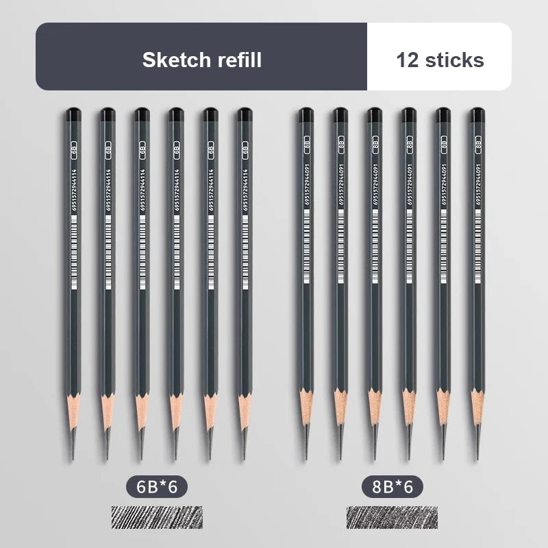 Graphite & Charcoal Sketch Pencil Set — 2H to 14B, 12 or 24 Piece