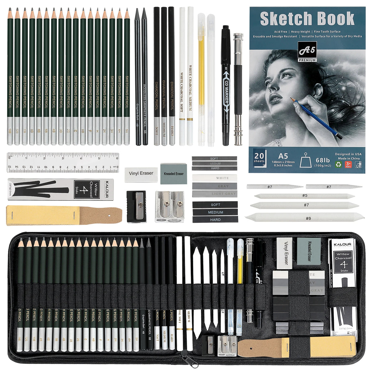 Drawing & Sketching Kit with Portable Travel Case — 58 or 96 Pieces