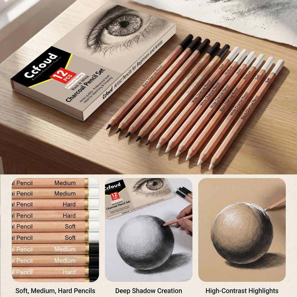 Pro Charcoal Pencils Drawing Set — Black & White, S/M/H Grades