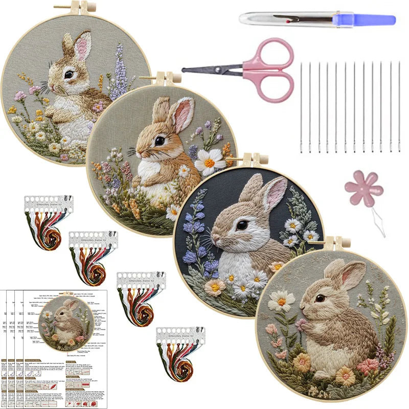Embroidery Kit, Rabbit & Flower Wreath for Easter Decor & Handmade Gifts