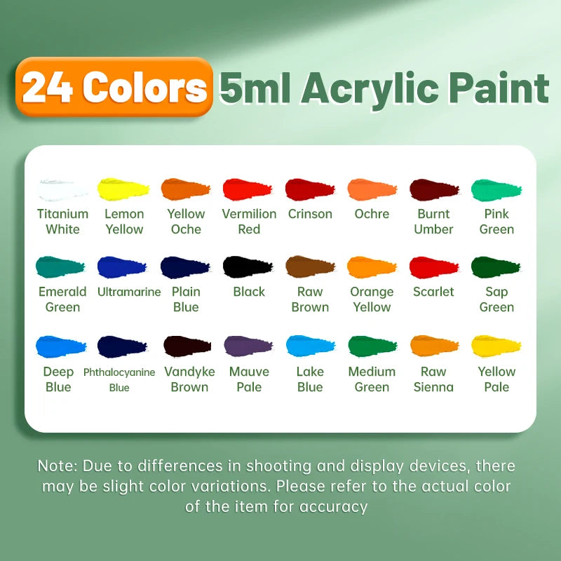 Acrylic Paint Set 5ml Tubes — 12 or 24 Colors, Water-Proof Pigments