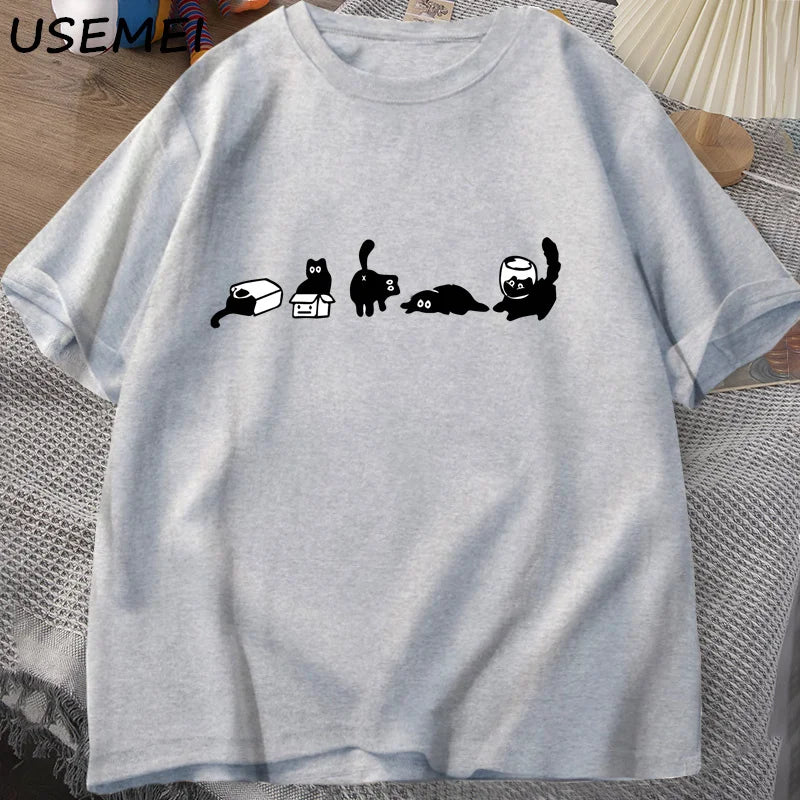 T-Shirt Five Mood Cats Funny Black Cat Graphic Cotton Short Sleeve Oversized