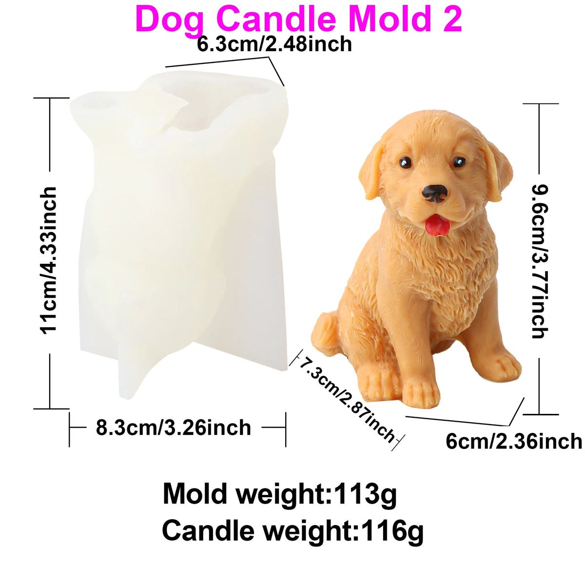 A product listing graphic for a golden retriever candle mold, showing the translucent white silicone mold on the left and a golden retriever dog figurine on the right, with dimension labels and text stating 'Dog Candle Mold 2' and weight information.