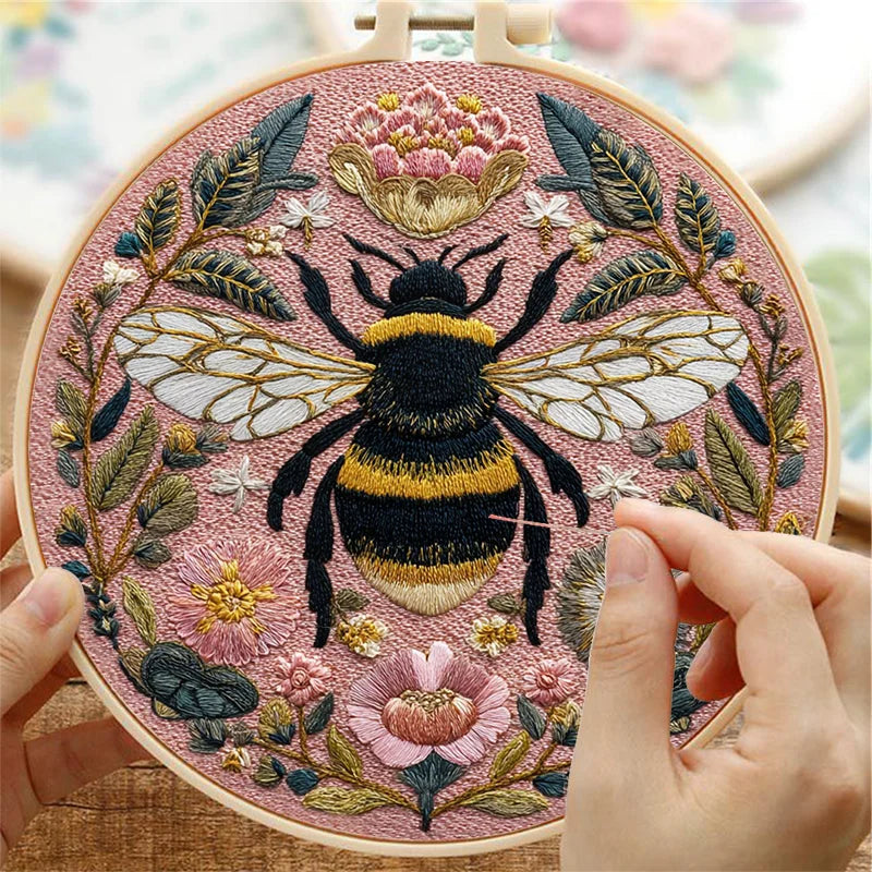 Embroidery Kit, Pink Bee, Flowers, Moon & Stars for Handmade Wall Decor