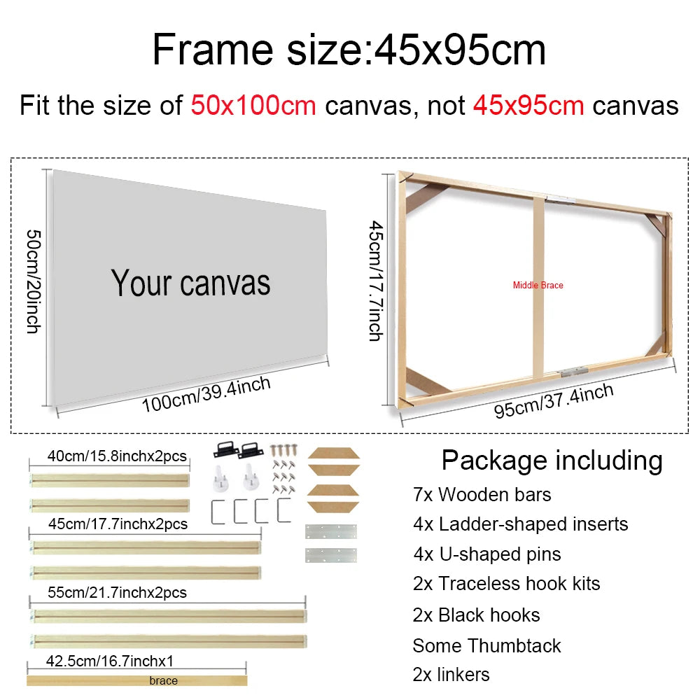 Wooden picture frame with dimensions and package contents on a white background