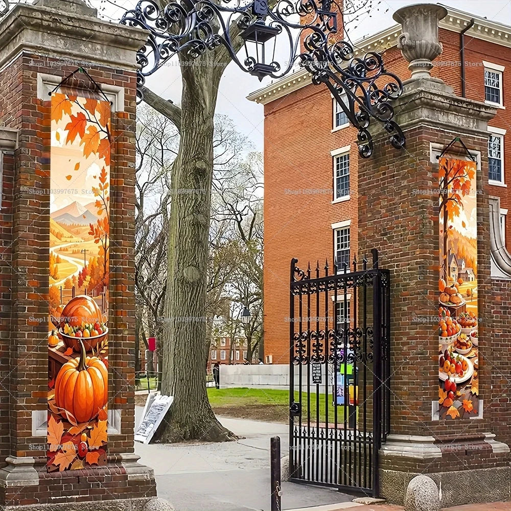 Autumn Pumpkins Maple Leaf Banners Thanksgiving Decorations Couplets Porch Welcome Sign Indoor Outdoor Wall Hanging Banners
