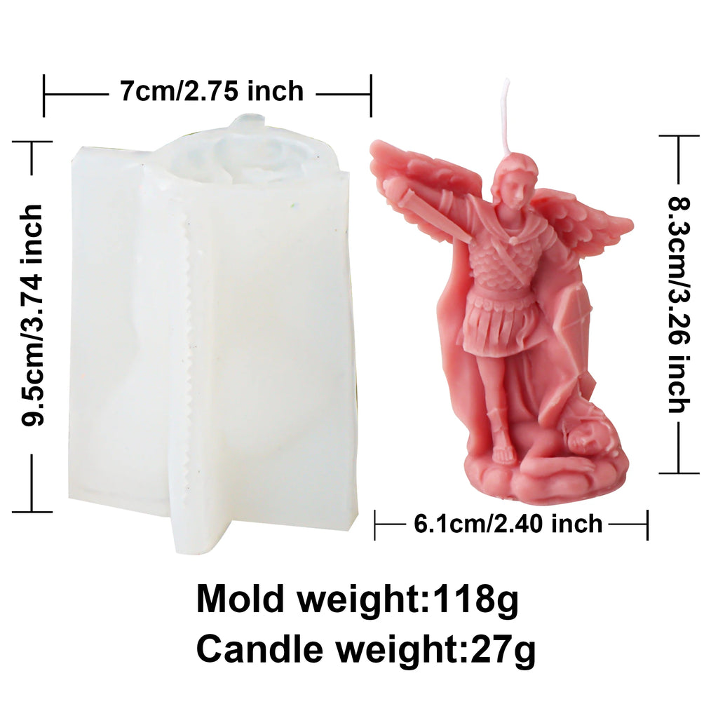 Archangel silicone mold and example candle diagram with separate dimensions and weights