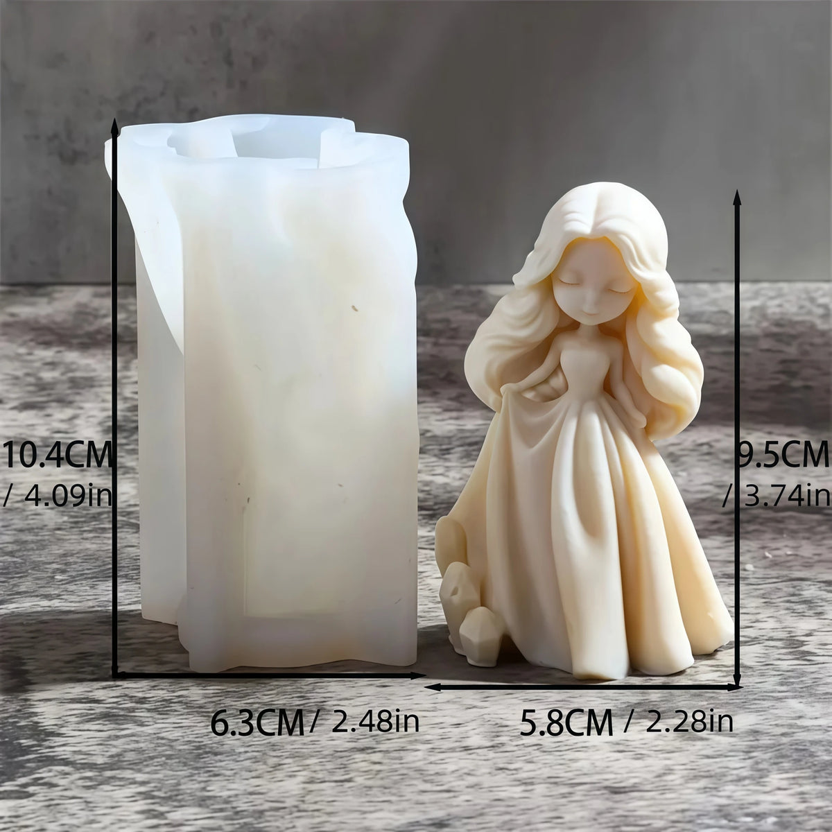 Long-haired princess doll holding out her skirt beside white silicone mold with separate dimension labels
