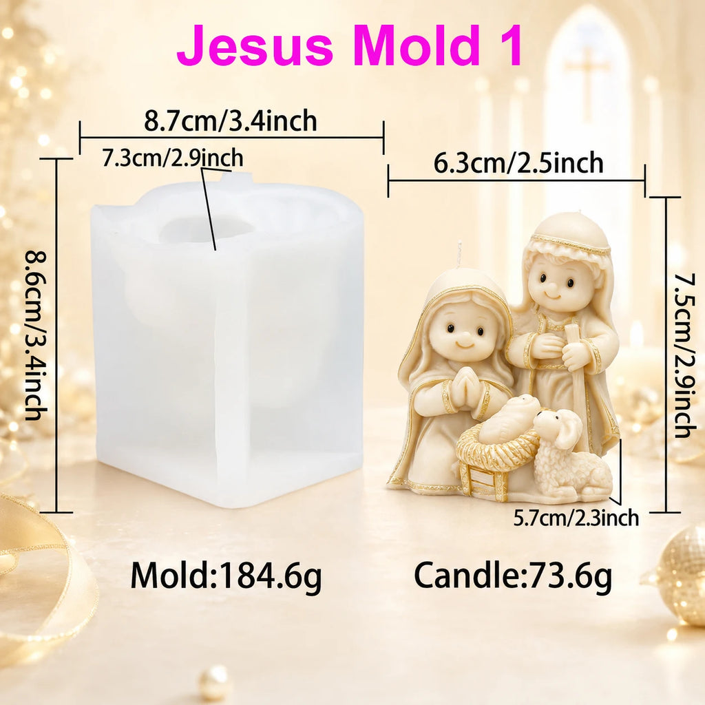 Nativity Mold 1 and Holy Family example casting with baby Jesus and lamb, showing separate mold and casting measurements