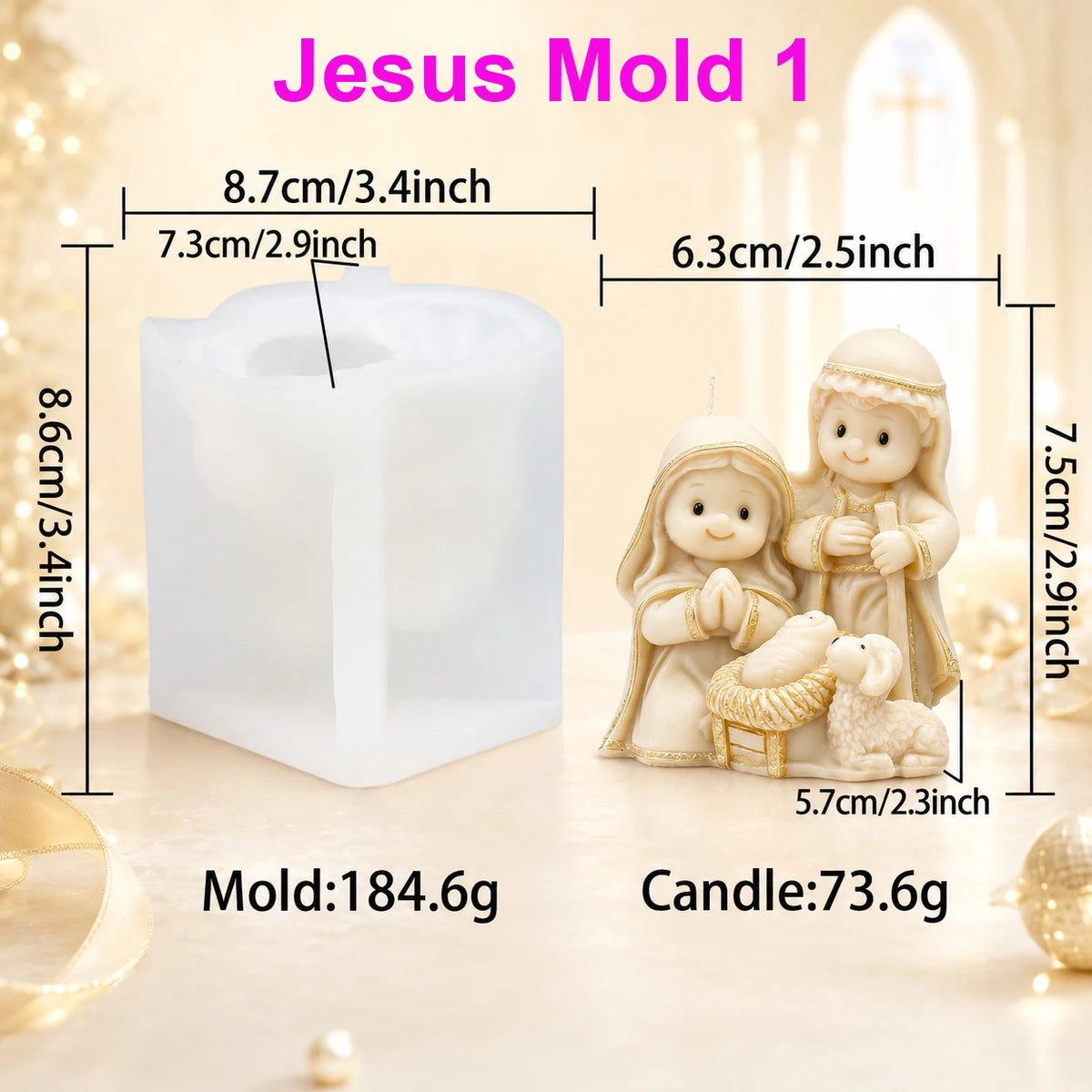 Nativity Mold 1 and Holy Family example casting with baby Jesus and lamb, showing separate mold and casting measurements