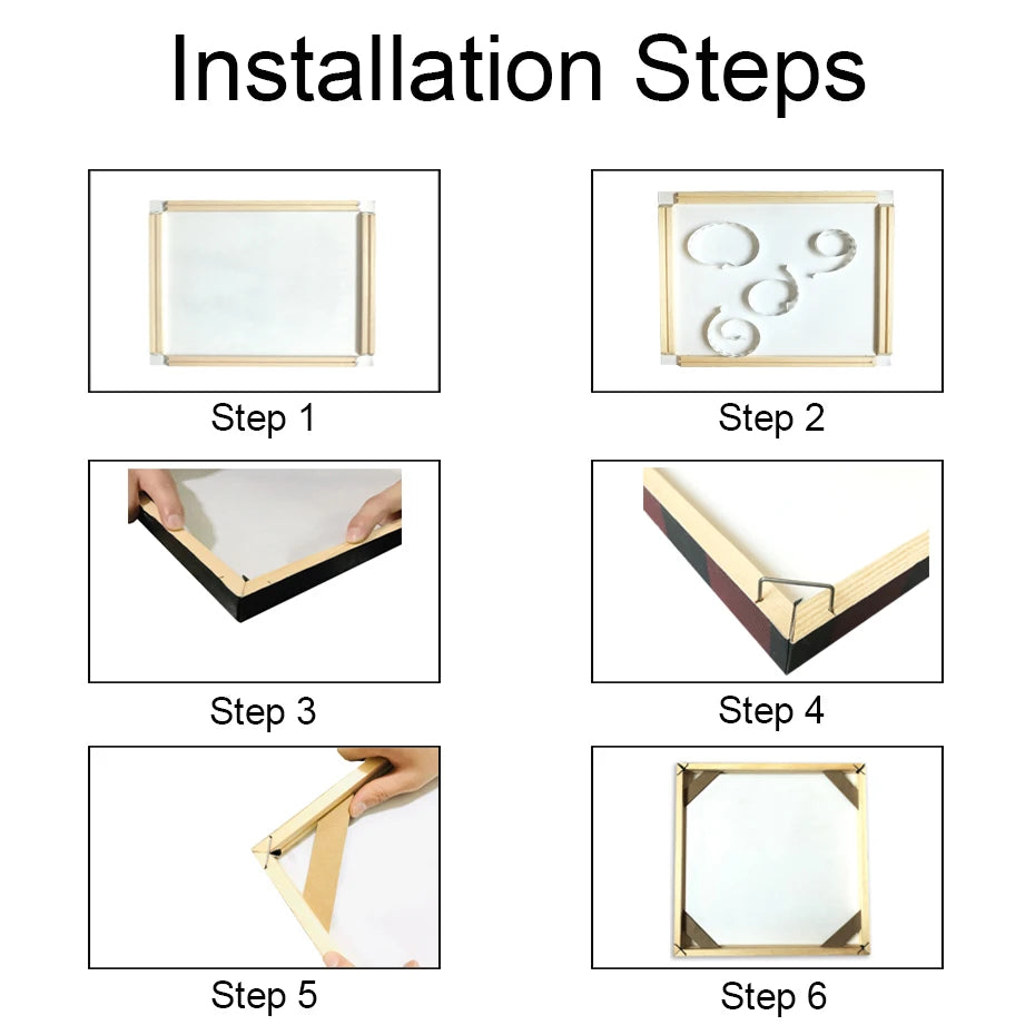Step-by-step installation guide for a mirror with gold frame on a white background