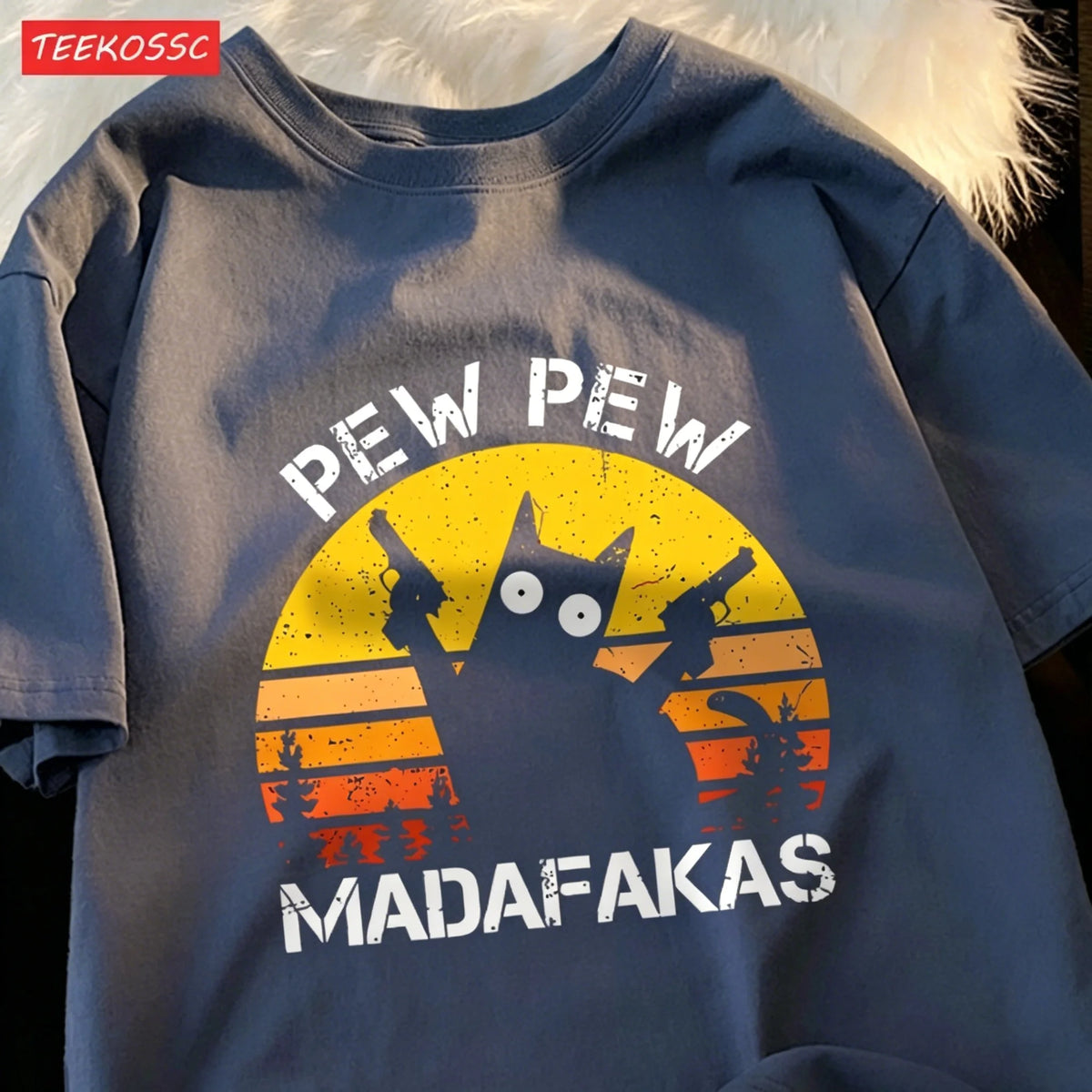 T-Shirt Unisex Pew Pew Madafakas Black Cat Retro Sunset Funny Graphic Tee