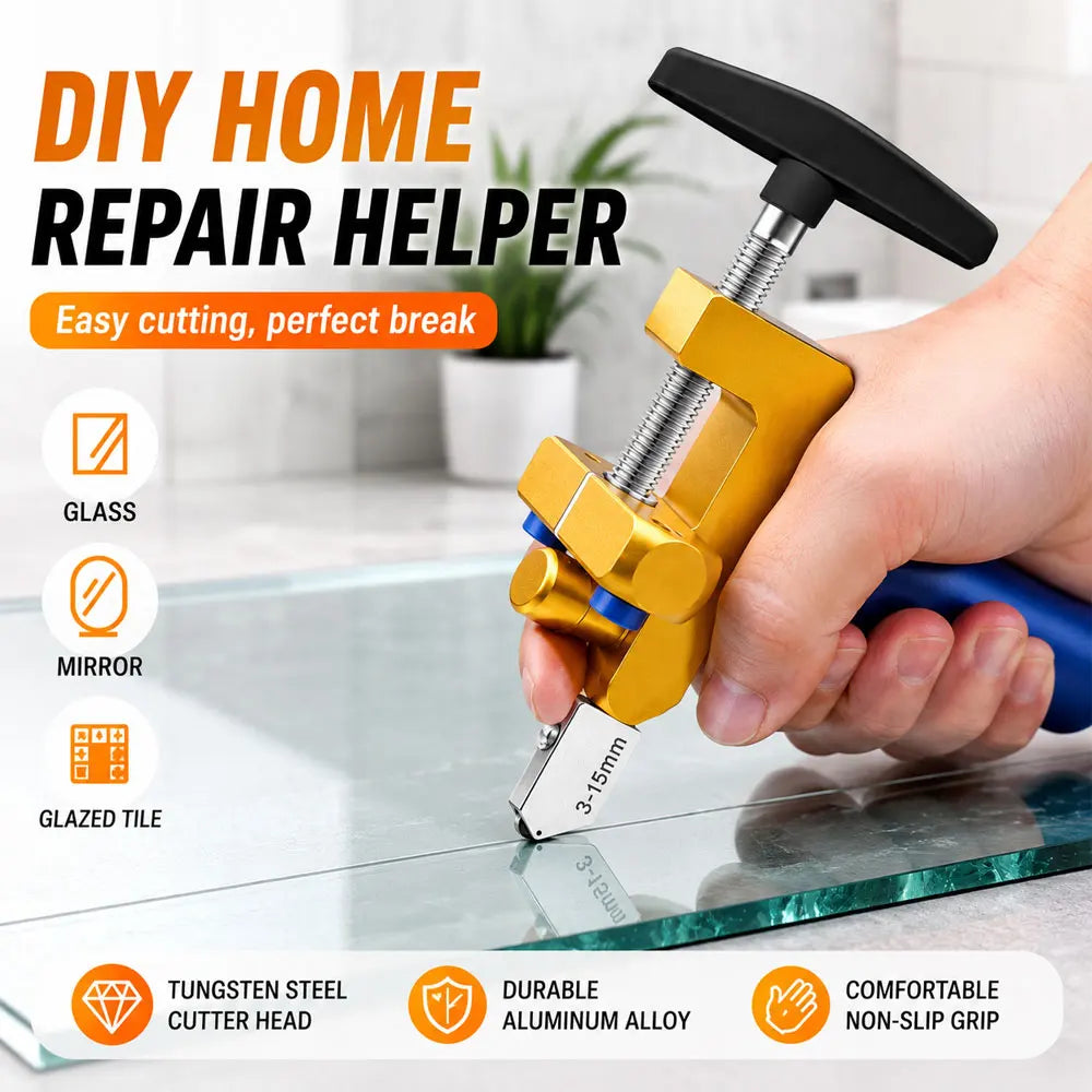 DIY home mirror glass cutter helper being used by a hand on a glass pane, with text highlighting features like easy cutting, perfect break, glass, mirror, and glazed tile support.