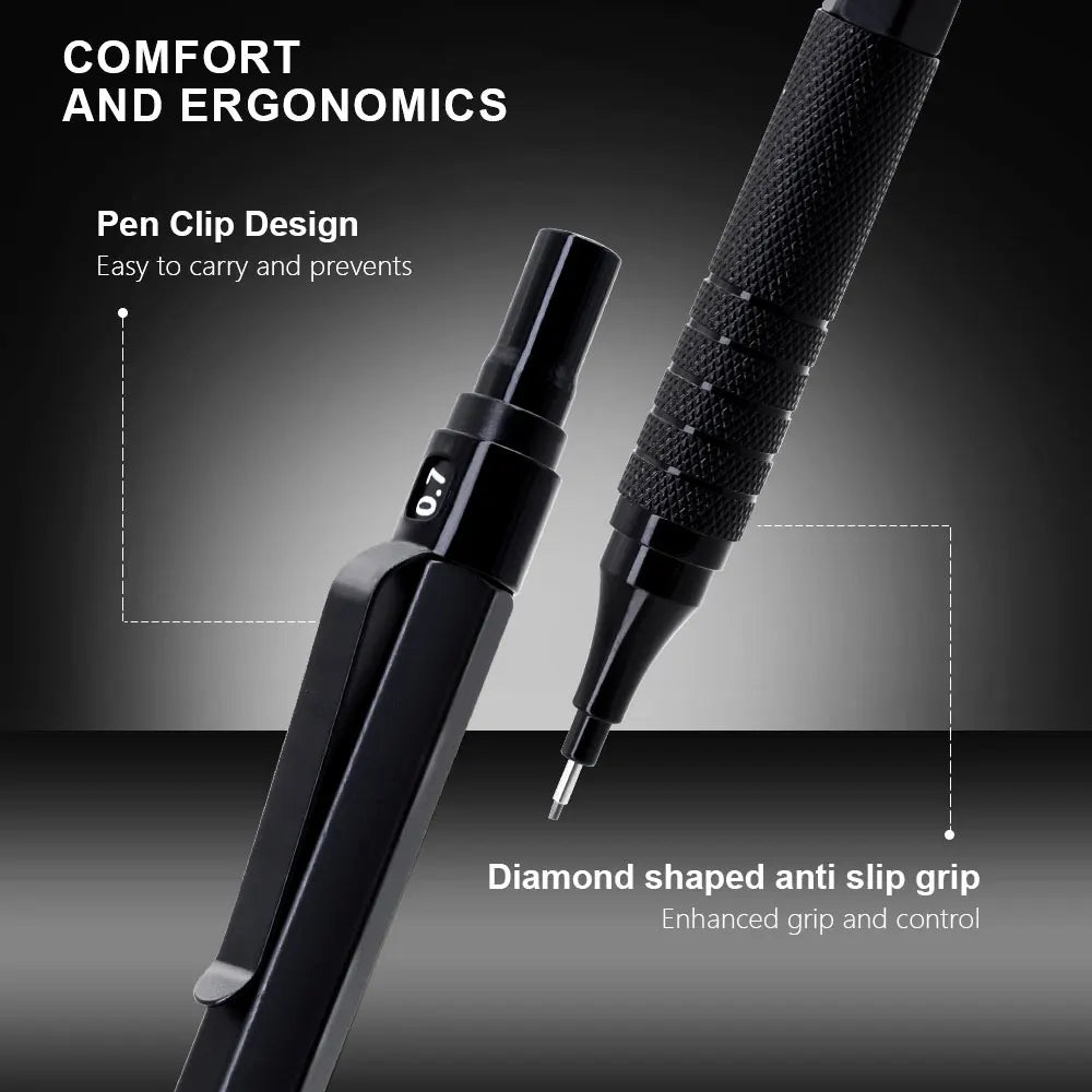 5-Piece Metal Mechanical Pencil Set — 0.5 to 2.0mm, Black or Silver
