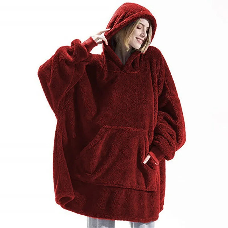 Hooded Sweatshirt Women's Double-Faced Fleece Thick Loose Pullover Pockets Warm