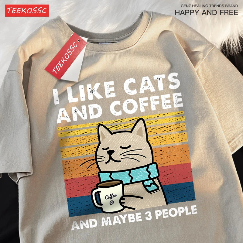 T-Shirt Unisex I Like Cats and Coffee and Maybe 3 People Funny Graphic Tee