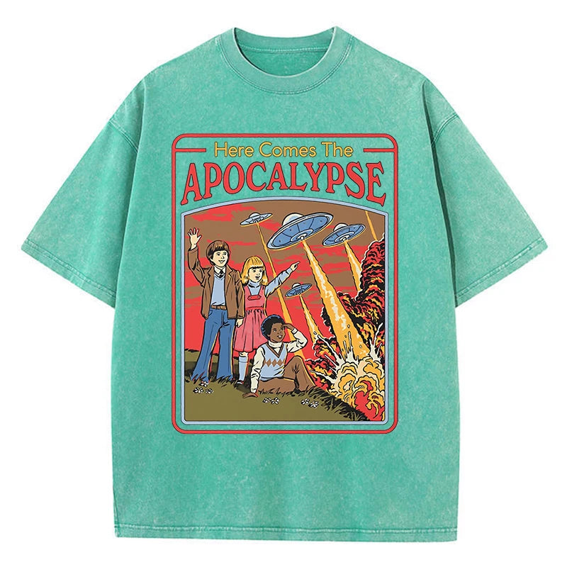 T-Shirt Unisex Here Comes the Apocalypse UFO Retro Washed Vintage Graphic Tee