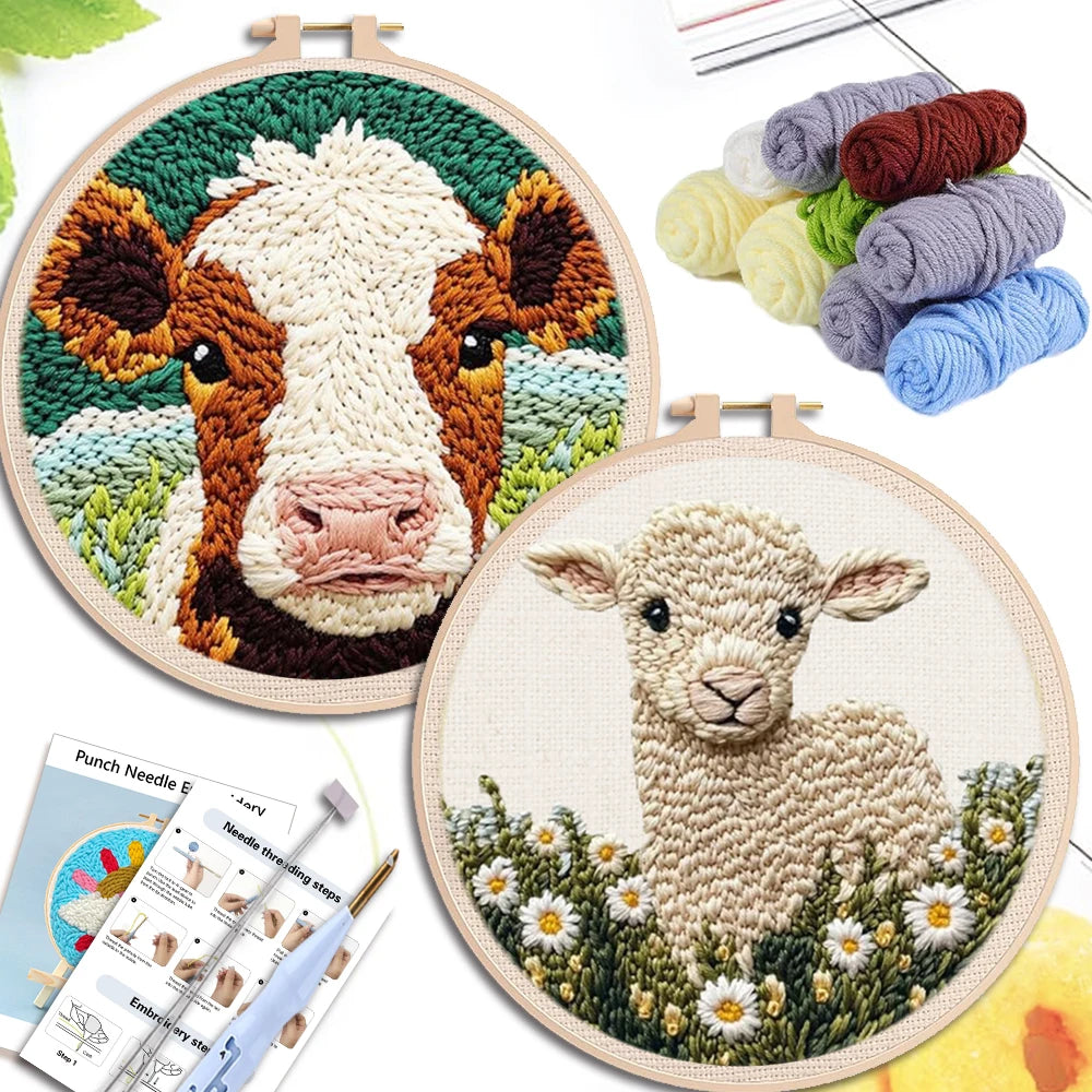 Punch Needle Kit, Cow Design for Beginner Embroidery & Handmade Home Decor