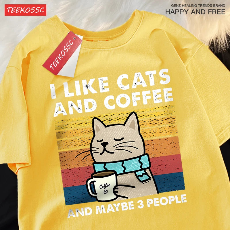 T-Shirt Unisex I Like Cats and Coffee and Maybe 3 People Funny Graphic Tee