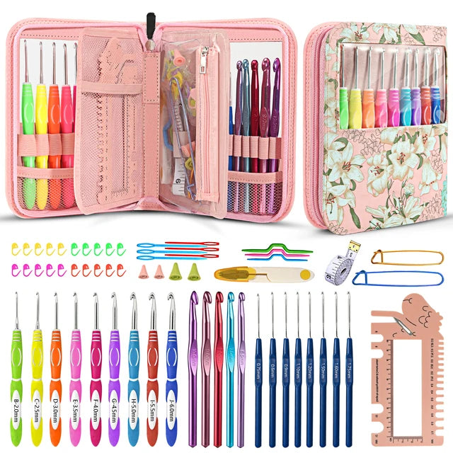 Crochet Hook Set with Animal Handles, Scissors & Craft Storage Bag