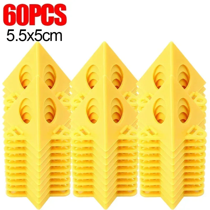 Six stacks of yellow plastic pyramid-shaped 3D printing supports, each 5.5x5cm, shown on a white background with '60PCS 5.