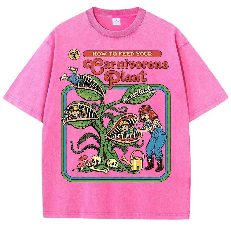 T-Shirt Unisex Carnivorous Plant Print Washed Cotton Crewneck Short Sleeve