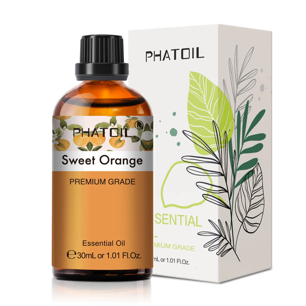 Bottle and box of Phatoil Sweet Orange essential oil on a white background