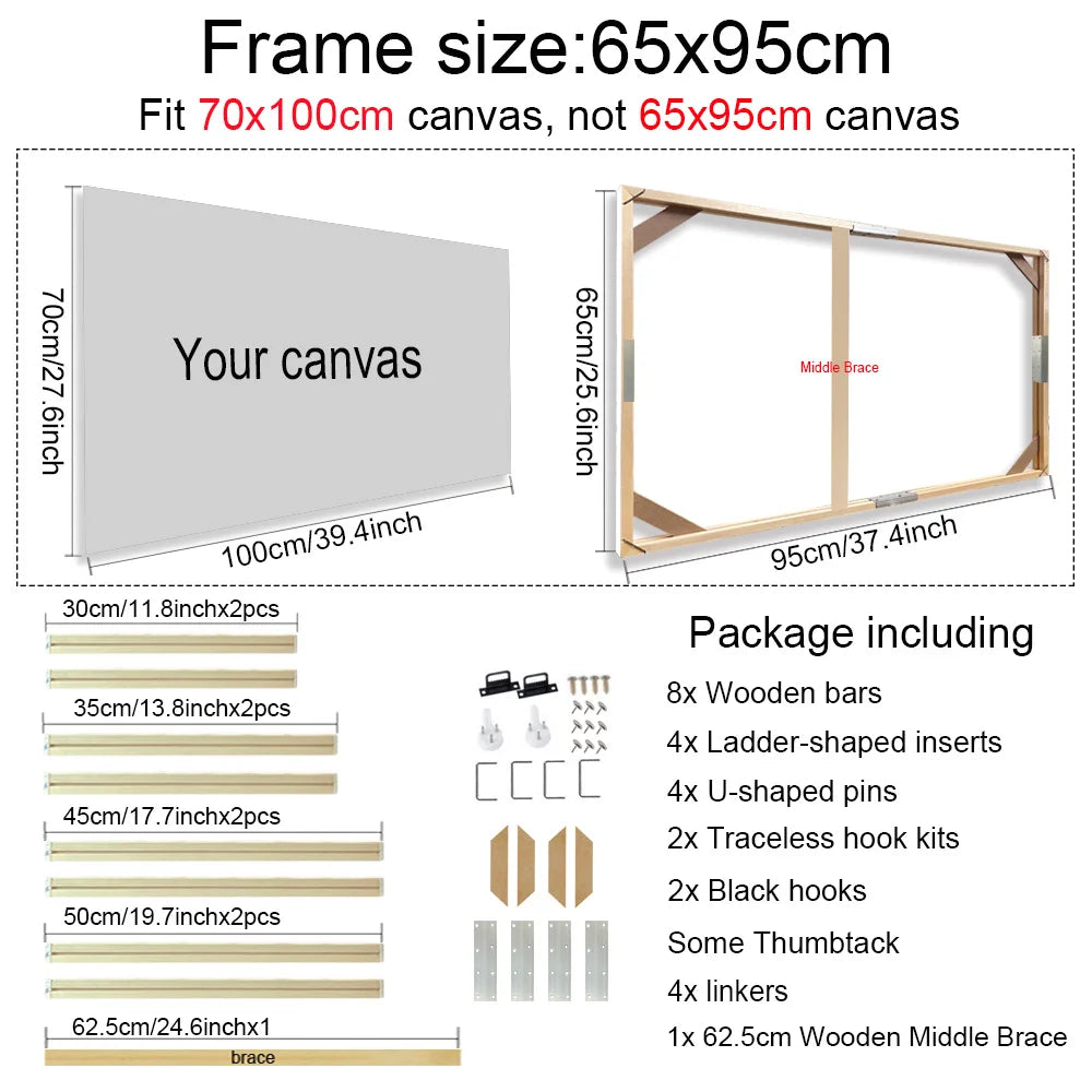 Canvas frame kit with dimensions and included items listed