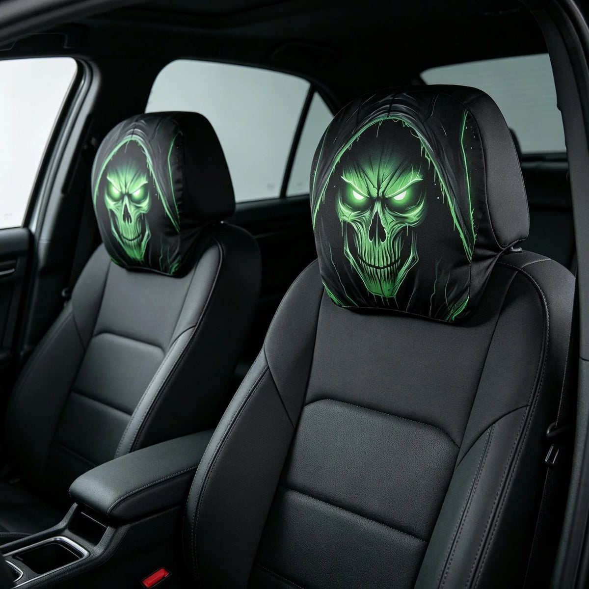 Black car headrest covers on the front seats with a glowing green skull graphic, installed inside a black car interior.