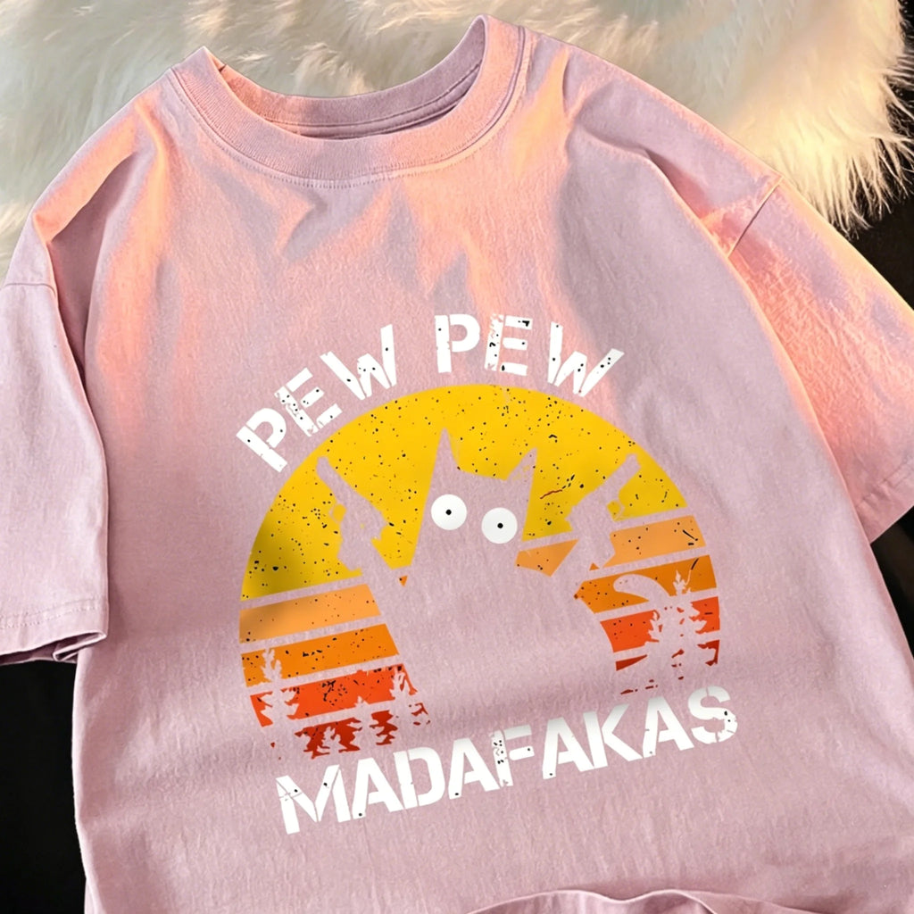 T-Shirt Unisex Pew Pew Madafakas Black Cat Retro Sunset Funny Graphic Tee