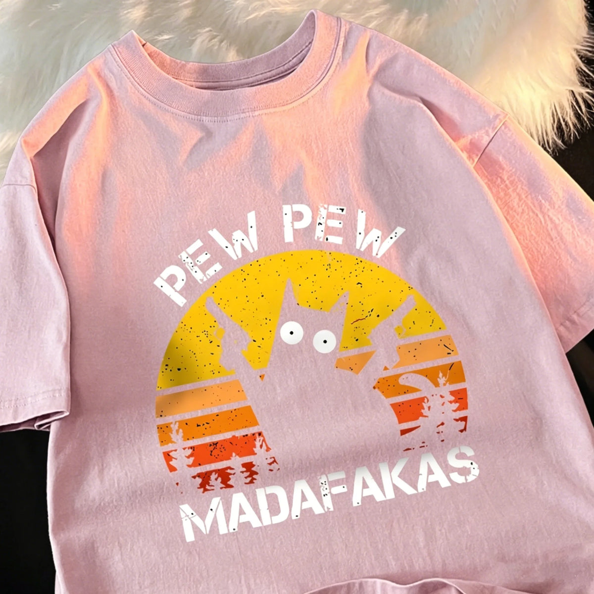 T-Shirt Unisex Pew Pew Madafakas Black Cat Retro Sunset Funny Graphic Tee