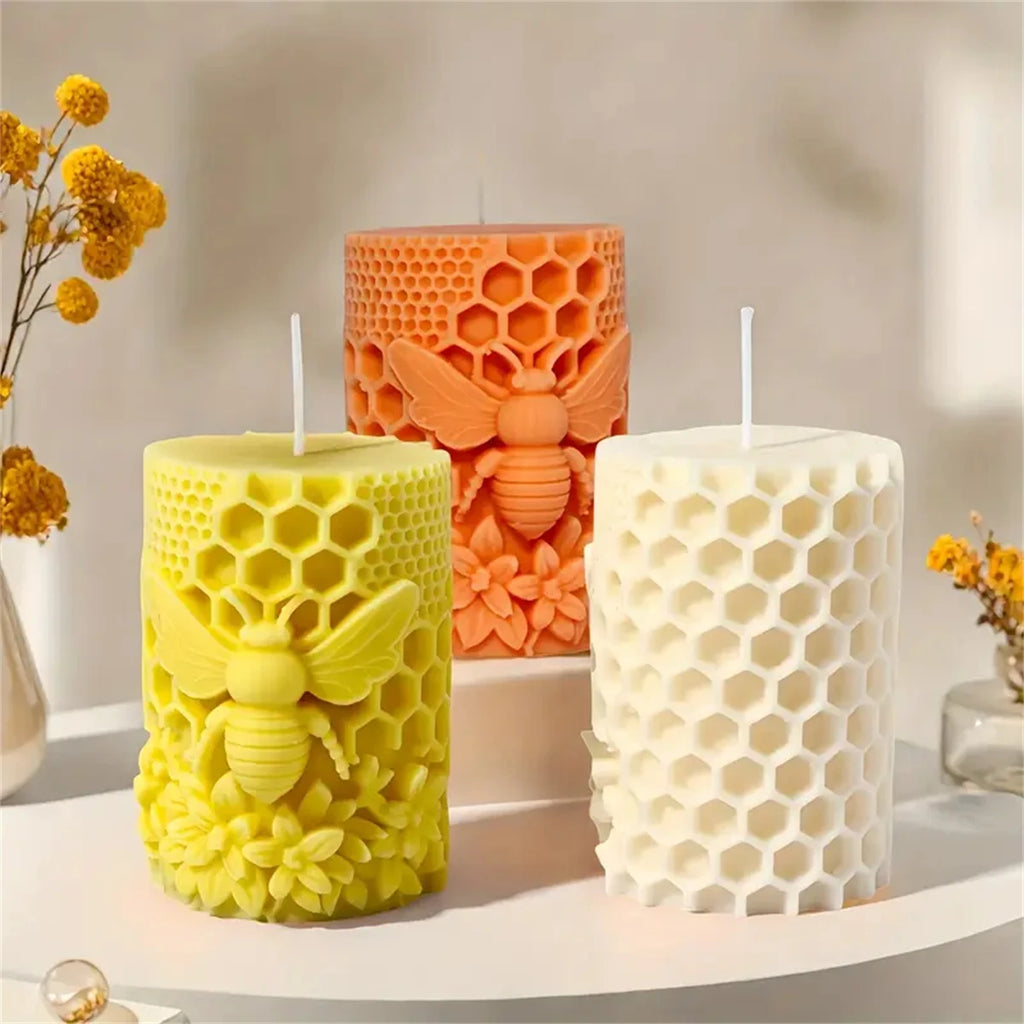 3D Honeycomb Pillar Candle Silicone Mold DIY Embossed Bee and Flower Honeycomb Cylinder Aromatherapy Candle Plaster Mold Decor