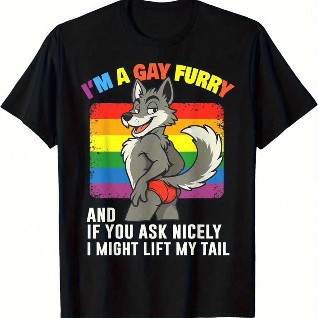 Black t-shirt with a graphic of a wolf and rainbow colors, featuring text.