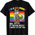 Black t-shirt with a graphic of a wolf and rainbow colors, featuring text.