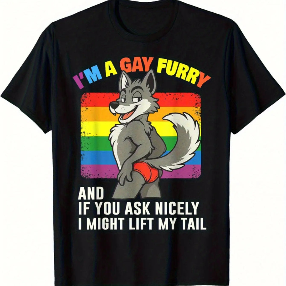 Black t-shirt with a graphic of a wolf and rainbow colors, featuring text.