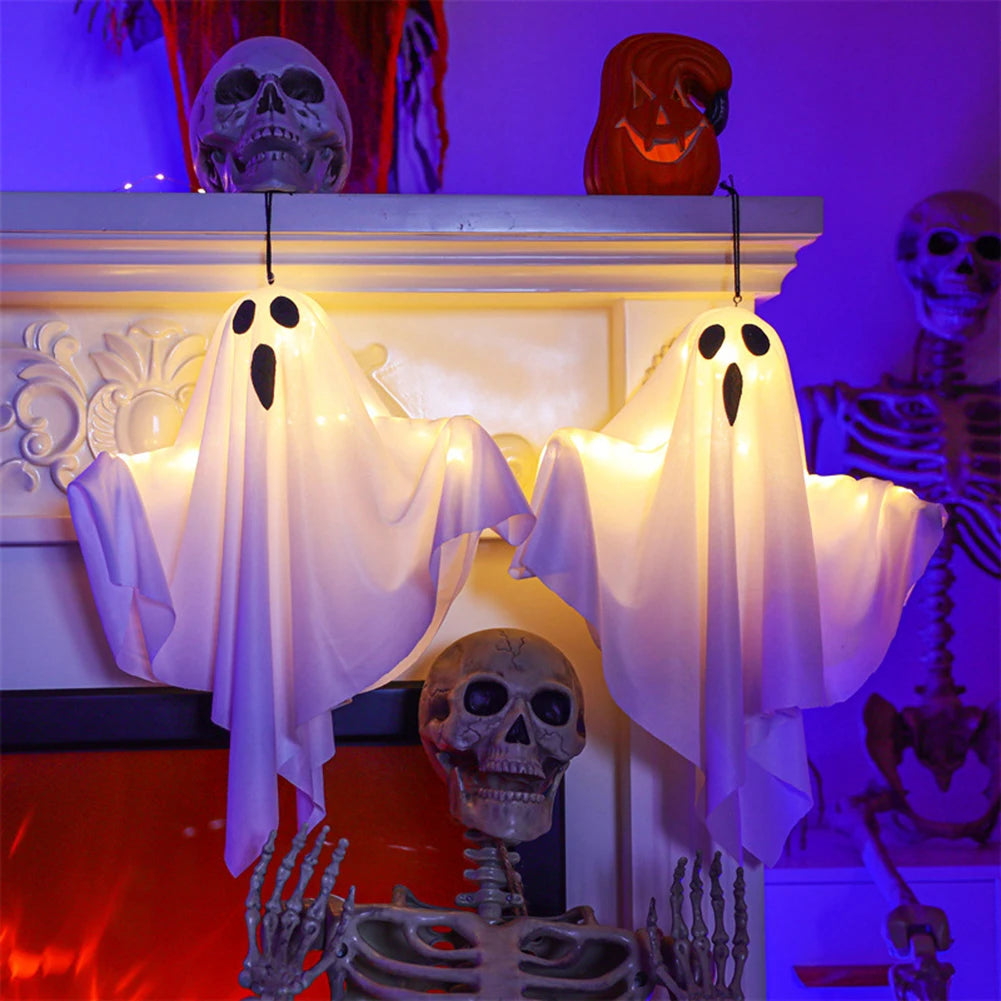 Halloween Glowing White Ghost LED Hanging Ghosts Horror Props with Fairy Light Indoor Outdoor Haunted House Halloween Decoration