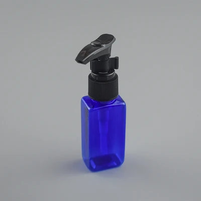 Blue rectangular PET bottle with black pump dispenser