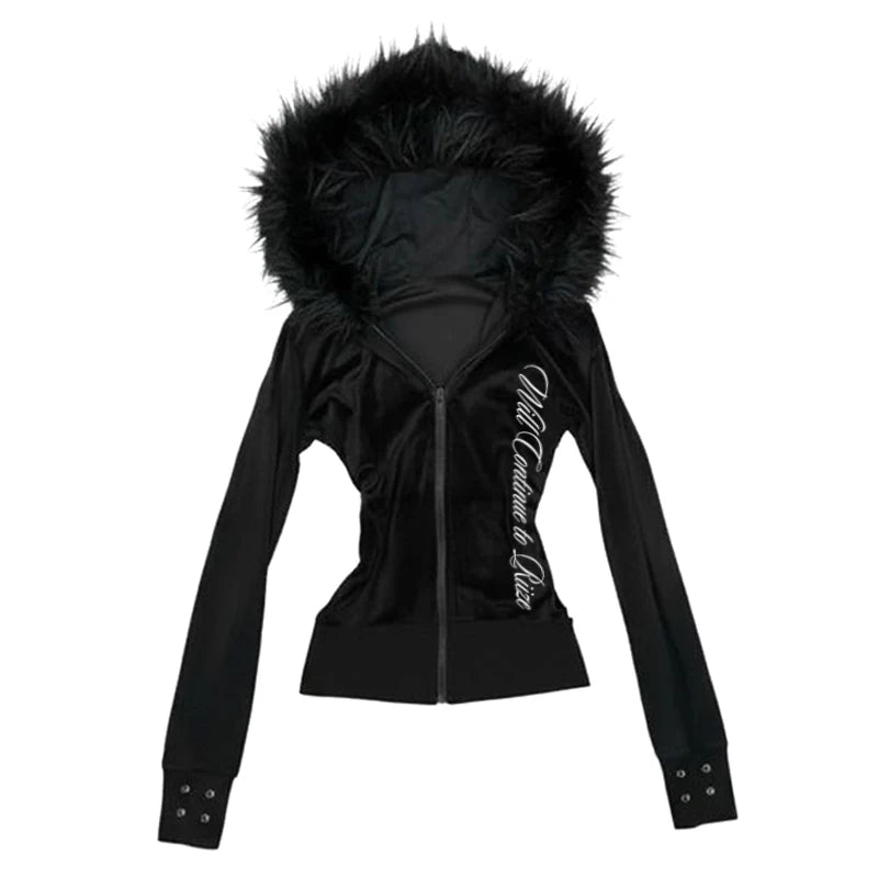 Hoodie Women's Gothic Fur Collar Zip Cardigan Slim Grunge Y2K Harajuku Winter